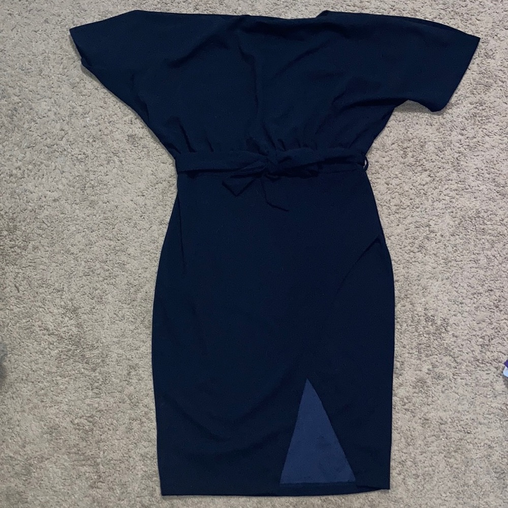 AX Paris Navy Blue Dress with Crossover Slit Bottom